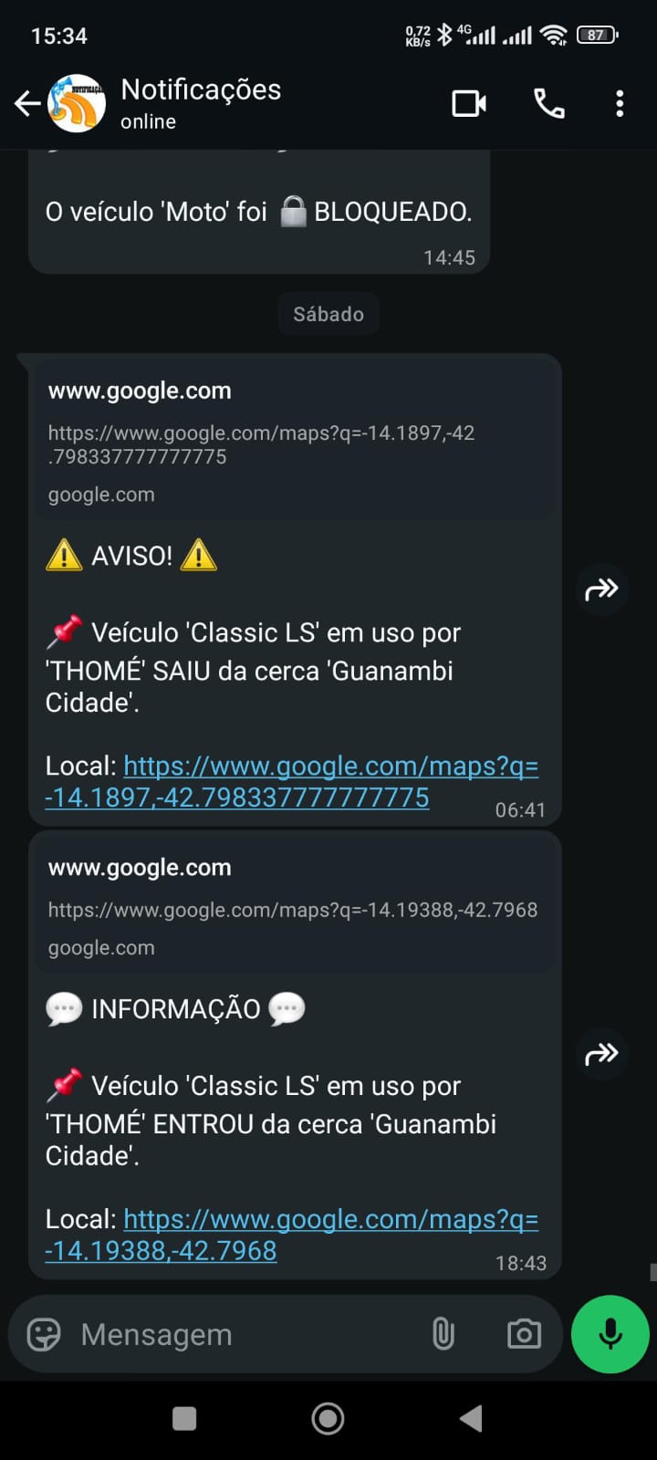 Exemplo de notificação de rastreamento via WhatsApp